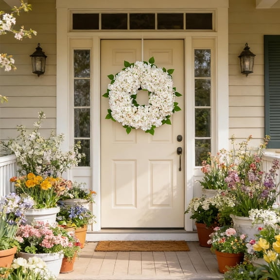 24'' White Hydrangea Spring Wreath for Front Door with Artificial Hydrangea and Silk Greenery, Outdoor Dogwood Wreath for Farmhouse Wedding & Home Decor- Spring Summer & All Seasons Display
