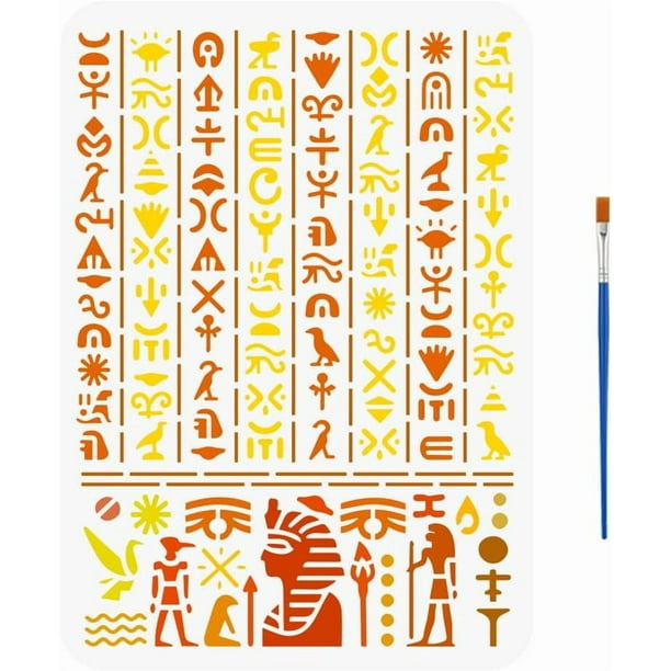 Plantilla de escritura egipcia antigua con pincel (29,7 x 21 cm). Plantilla de símbolos egipcios, jeroglíficos, para pintar. Plantilla de dibujo con temática egipcia.