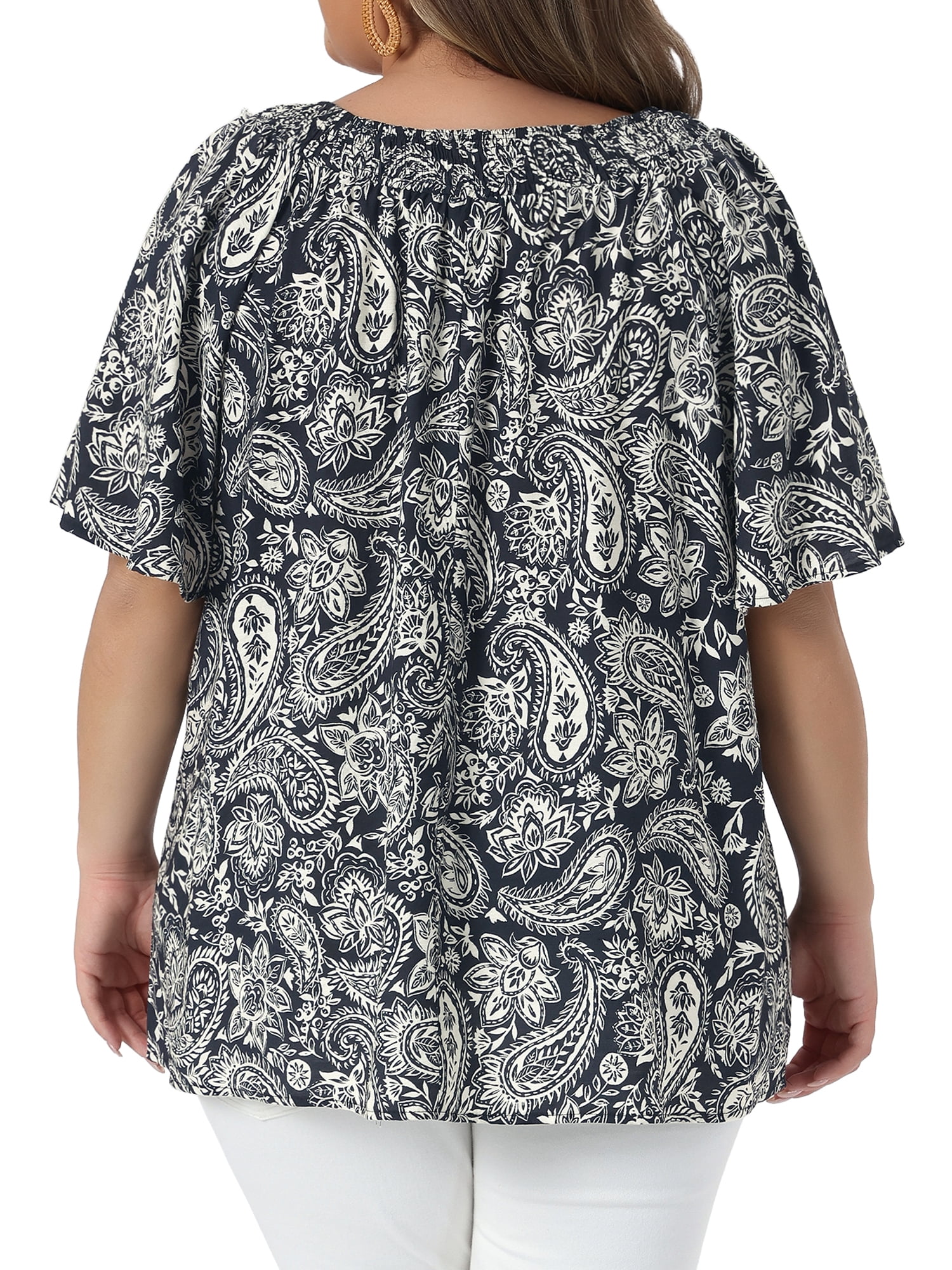 DARING DIVA Women's Plus Crew Neck Boho Print Blouse Vacation Casual 1X Black