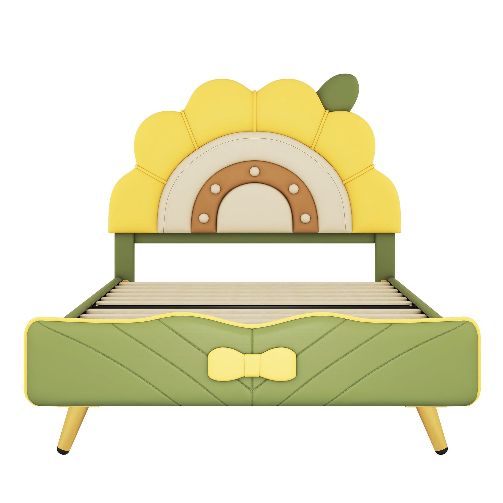 Aukfa Twin Upholstered Bed Frame, Cartoon Bed with Sunflower Shape Headboard for Kids, Green