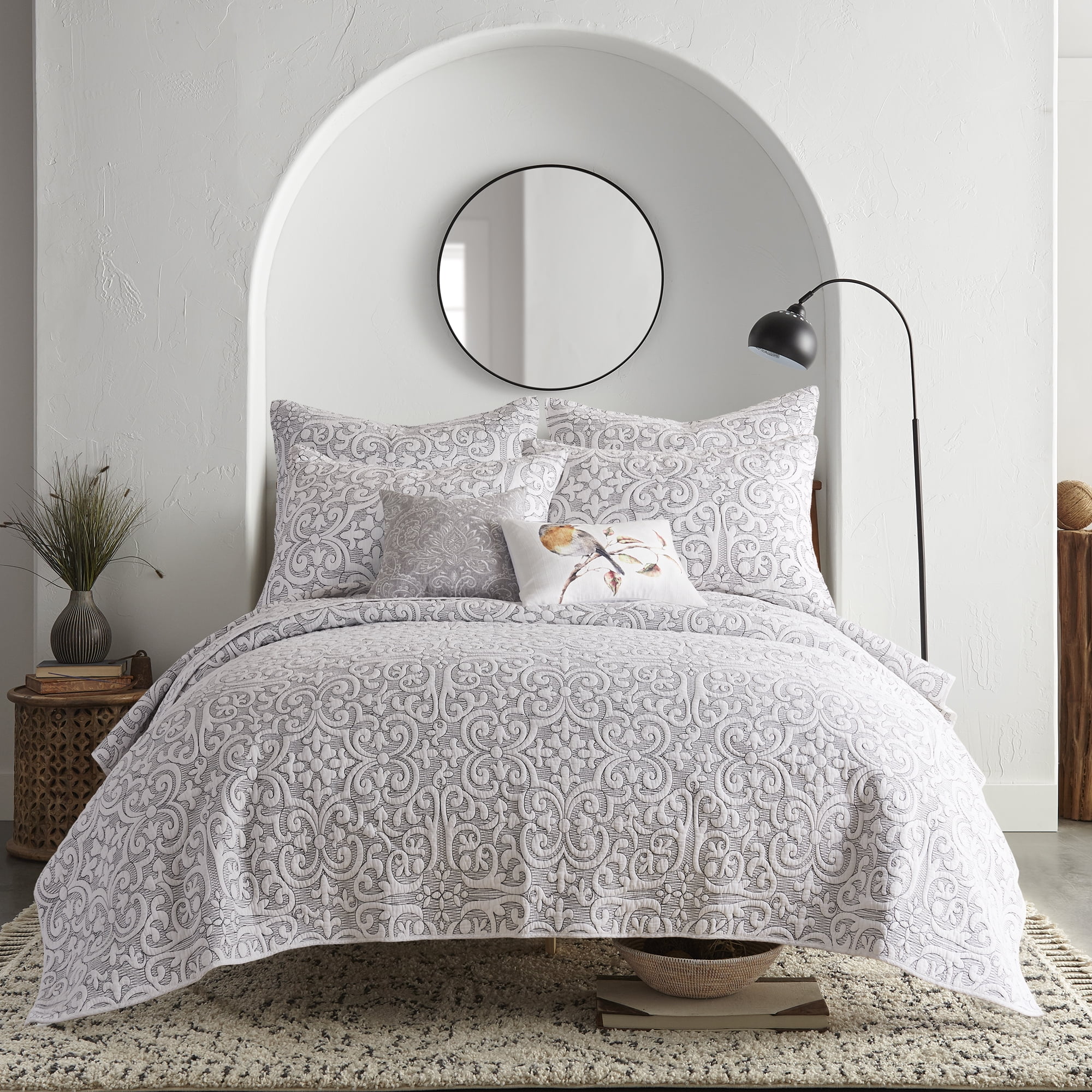 Levtex Home Birch Hill Sherbourne Sham - Quilted Medallion White with Black Stitch - King Sham - (36 x 20in.) - Reversible - Cotton Front/Microfiber Reverse - Sold as a set of 2 shams