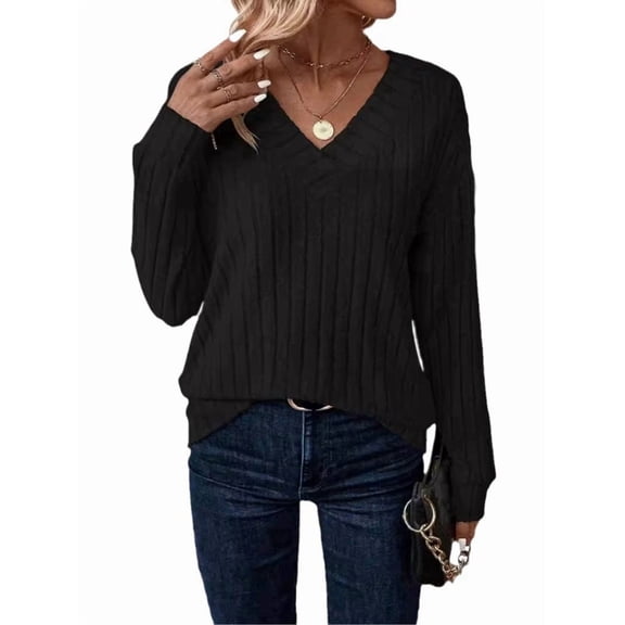 Long Sleeve Shirts for Women V Neck Casual Fall Tops Loose Fit Lightweights Sweaters Tunic Fashion Clothes Black S