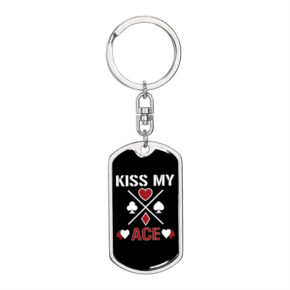 Kiss My Aces Poker Gambler Stainless Steel or 18k Gold Premium Swivel Dog Tag Keychain
