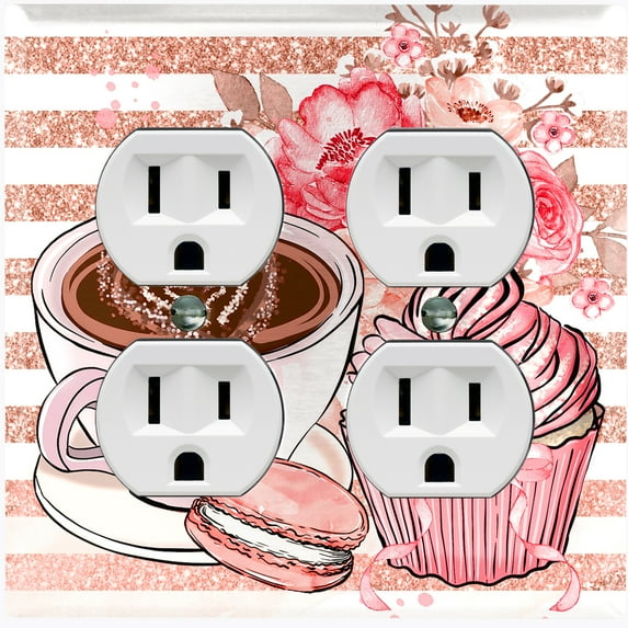 Metal Light Switch Wall Plate Outlet Cover (Coffee Mocha Espresso Heart Cupcake Macaron Flower Bouquet Pink - Double Duplex)