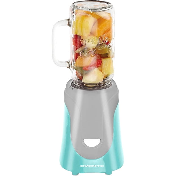 OVENTE Retro Personal Blender and Smoothie Maker with 18 Oz Mason Jar, 300W Base, Stainless Steel Blades, BPA-Free and Dishwasher Safe Container, Includes Reusable Straw and Lid, Turquoise BLH1002T