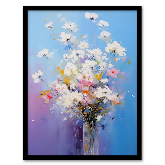 Baby's Breath Flowers Oil Painting Purple Blue Pink Wildflower Bouquet in Glass Vase Art Print Framed Poster Wall Decor 12x16 inch