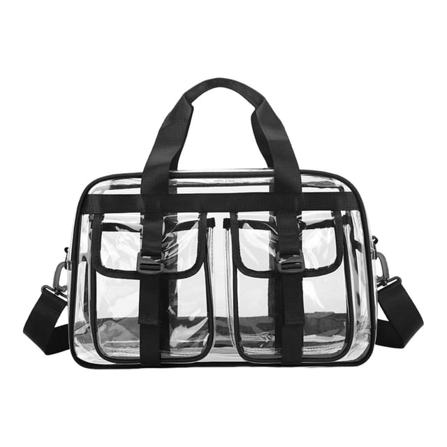 Bolso tote transparente de PVC con correa ajustable para el hombro, ideal para deportes y viajes de negocios. Negro
