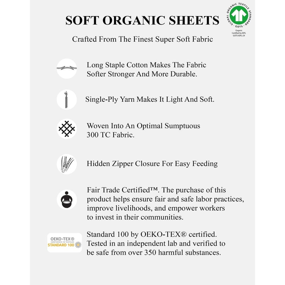 A1HC 100% Organic Cotton Pillowcase, 300 Thread Count, 2-Piece GOTS Certified , Fair Trade Certified, Soft & Silky Sateen Weave