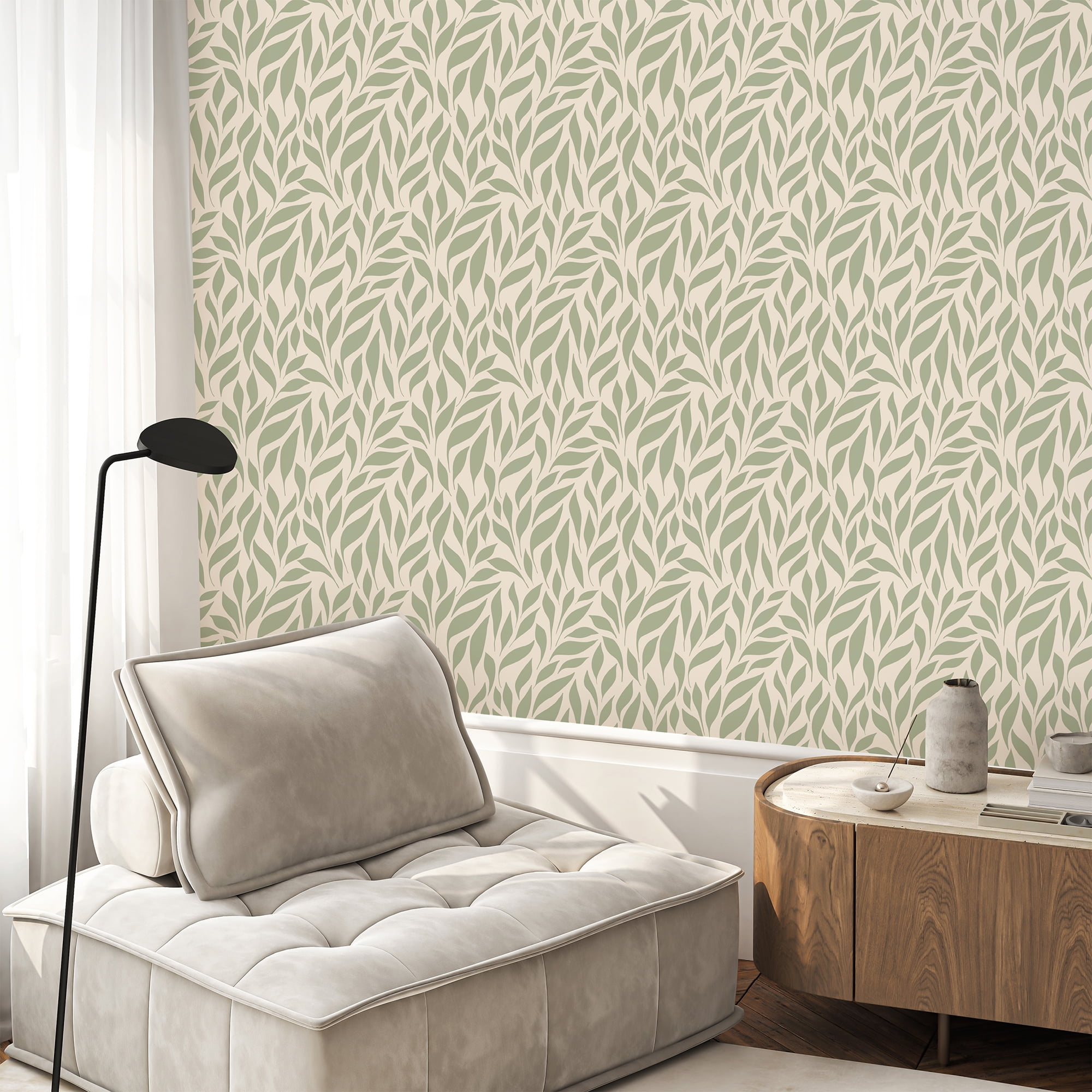SimurgWallArts - Botanical Peel and Stick Vinyl Nursery Wallpaper – Soft Green Leaf Wall Mural, 19 x 118 in Roll, Covers 15.57 Sq.Ft.