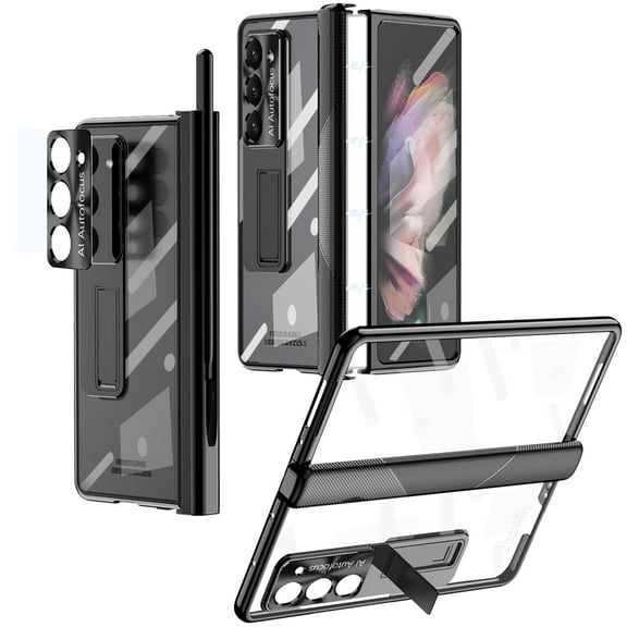 Samsung Galaxy Z Fold 5 Case with Stylus & S Pen Holder, Z Fold 5 5G Clear Case with Hinge   Hidden Stand Protection Plating PC Cover with Built-in Screen Protector Kickstand,Black
