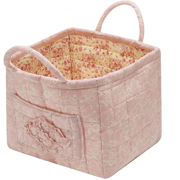 Boho-Chic Quilted Floral Storage Basket , Collapsible Fabric Organizer with Handles & Side Pocket, Large Soft Storage Basket for Car, Home, Picnic, Shopping & Laundry