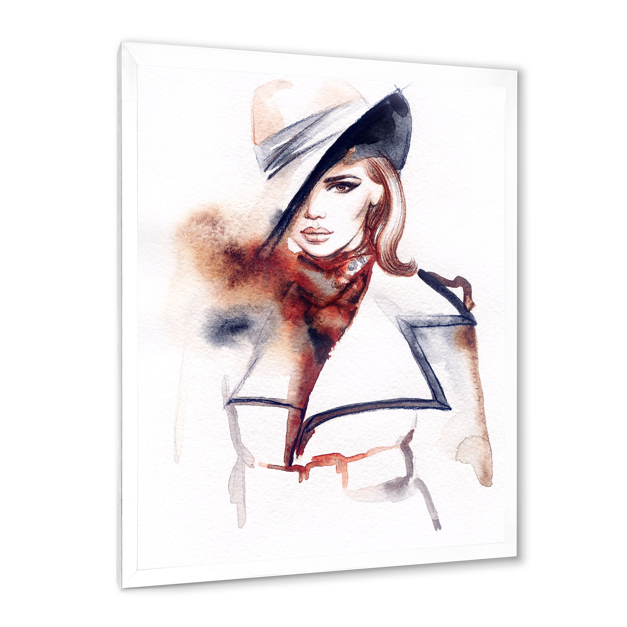 Fashion Portrait of Woman Wearing Hat 16 in x 32 in Framed Painting Canvas Art Print, by Designart