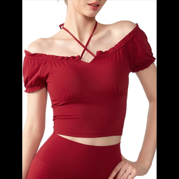 Camiseta de Verano con Cuello Halter y Hombros Descubiertos para Mujer, de Corta, de Punto Acanalado y Hombros Descubiertos Rojo S