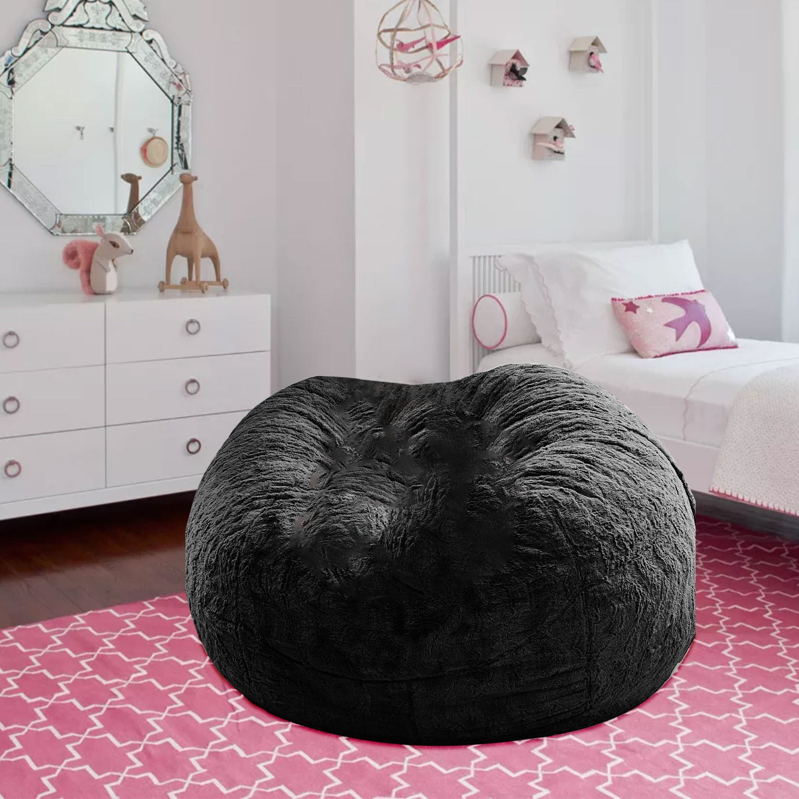 RoamHome Giant Fur Bean Bag Chair Cover for Kids Adults, (No Filler) Living Room Furniture Big Round Soft Fluffy Faux Fur Beanbag Lazy Sofa Bed Cover (Black,59x29.5in)