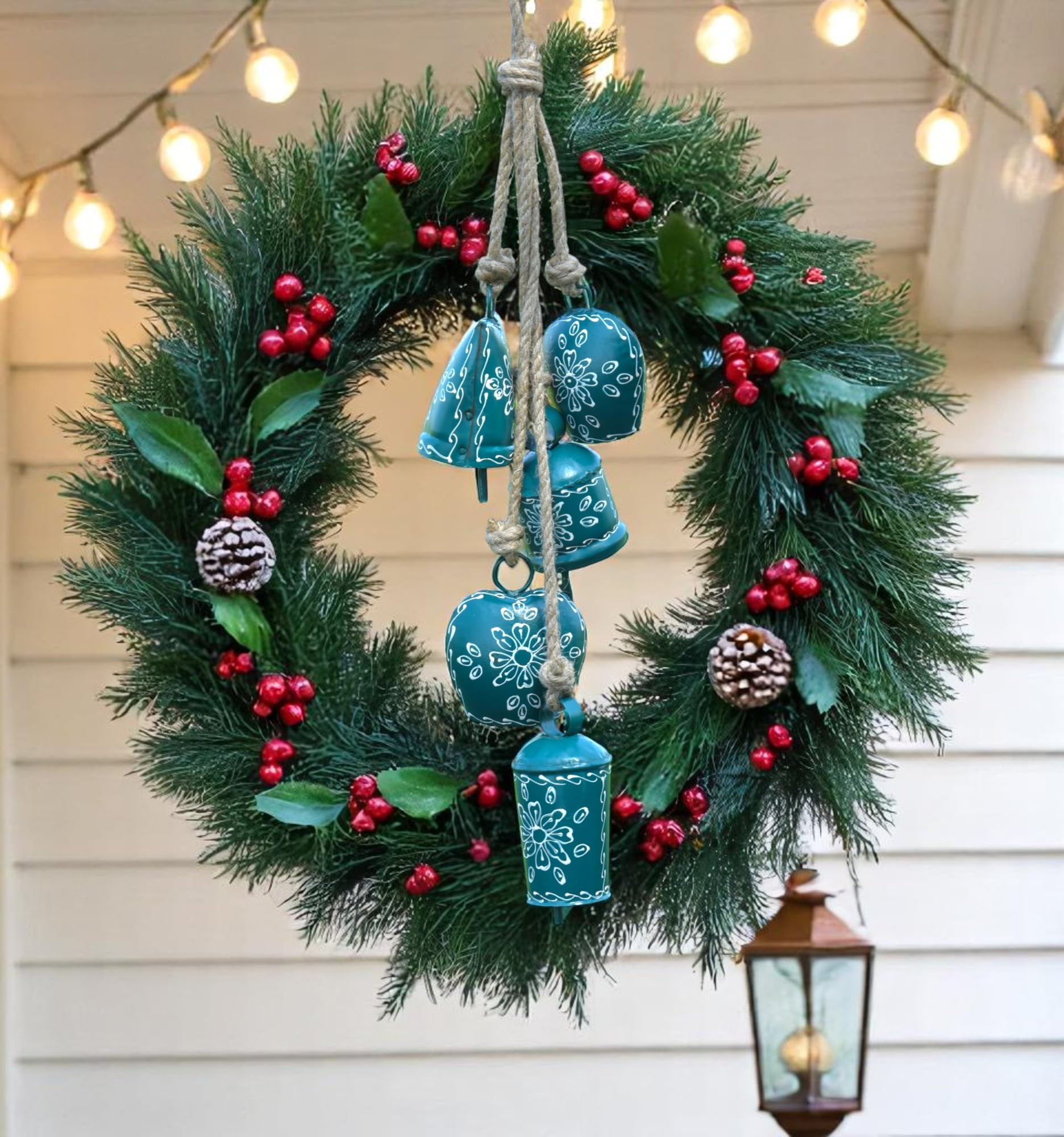 Vivanta Rustic Cow Bell Wind Chime 25” - 5 Metal Hanging Bells for Christmas, Farmhouse, Porch, Entryway, Bohemian Garden Chime, Vintage Bell Garland, Antique Wind Chimes for Indoor & Outdoor (Green)