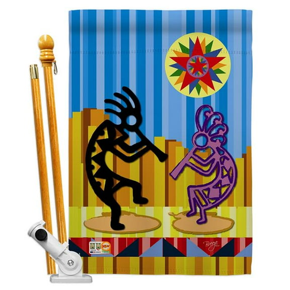 Breeze Decor BD-SW-HS-115079-IP-BO-D-US12-BD 28 x 40 in. Vertical Kokopelli Dream Country & Primitive Southwest Impressions Decorative Double Sided House Flag Set with Pole & Bracket Hardware