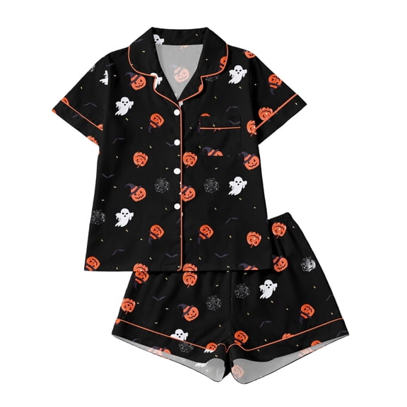 Curuila Toddler Girls Halloween Pajamas Set Short Sleeve Hallowmas Cartoon Print Lapel Button Down Pjs Tops With Shorts For Party Fashionable Homewear Black Size 3-4 Years