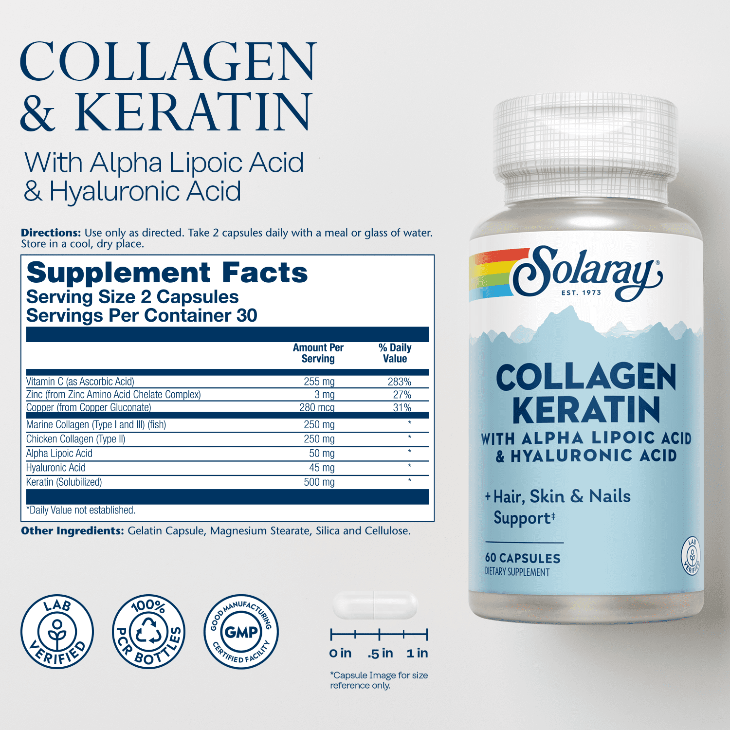 Solaray Type I, II & III Collagen Keratin | ALA & Hyaluronic Acid | Hair, Skin & Joint Health Support, 60 Caps, 30 Serv.