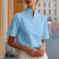 thumbnail image 4 of Yrmaups Loose Fit Short Sleeve Blouse for Women Plus Size, Elegant High Neck Top, Soft Stretch Tee for Business Work Office Daily Wear, Blue 2XL, 4 of 7