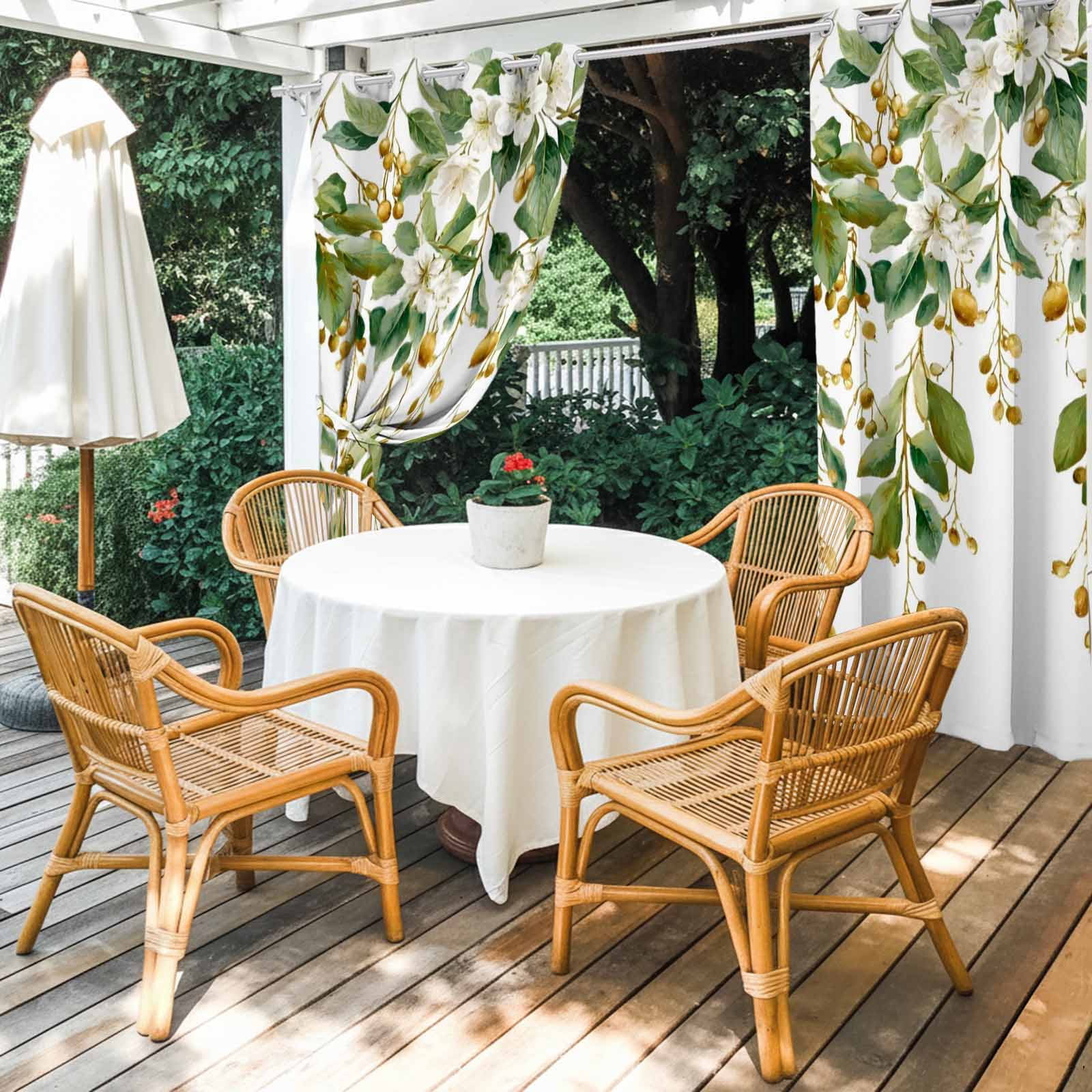 White Floral Vine Outdoor Curtains for Patio, Pastoral Flower Hanging Buds Leaves Botanical Sunshade Privacy Drapes Grommet Waterproof Outside Curtains for Porch/Cabana/Balcony 54"x 108", 1 Panel