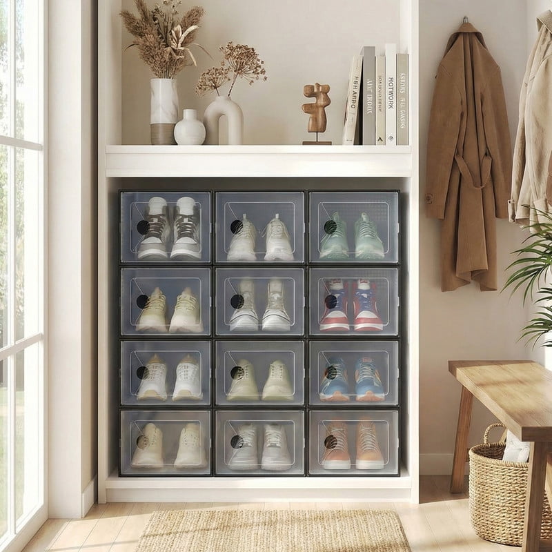 Gianna 12 Pack Stackable Shoe Box , Plastic Storage Organizer for Closet Hallway Bedroom, Holds Shoes up to US Size 11，Black
