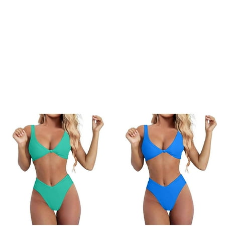 Wijhcboe 2 Pack Bikini Bathing Set For Women Solid Bathing Suit Shorts Boys V Neck Knot Front Ladies Swimsuits with Skirt Push Up High Leg Vintage Bathing Suits for Women Skirt Thong Two Piece Swim