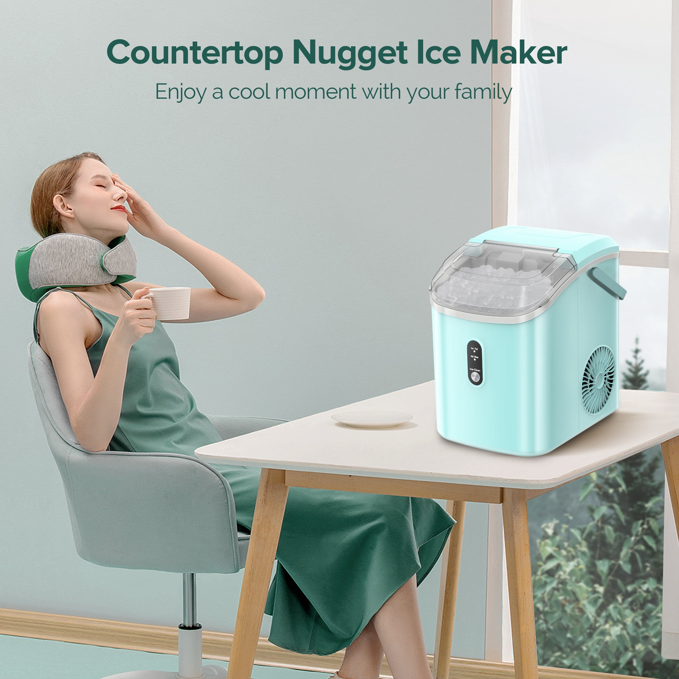 KISSAIR Nugget Ice Maker Countertop with Soft Chewable Pellet Ice, Portable Ice Machine with Handle, 35lbs/24H, Green