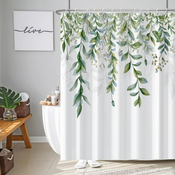 Green Mixed Light Blue Plant Shower Curtain with 10 Hooks Decorative Sage Green Shower Curtain for Bathroom Waterproof Fabric 84x72inch