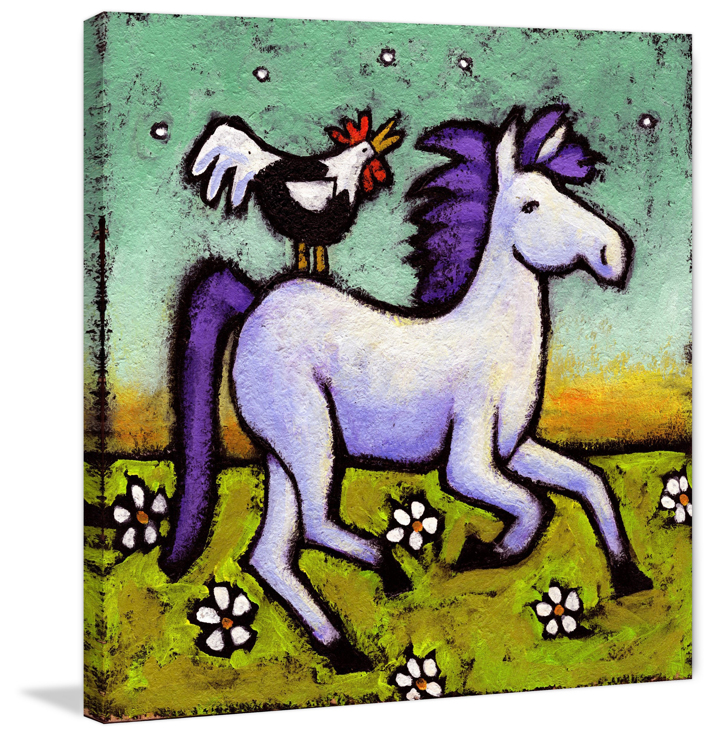 "Rooster Rides a Horse" Painting Print on Wrapped Canvas