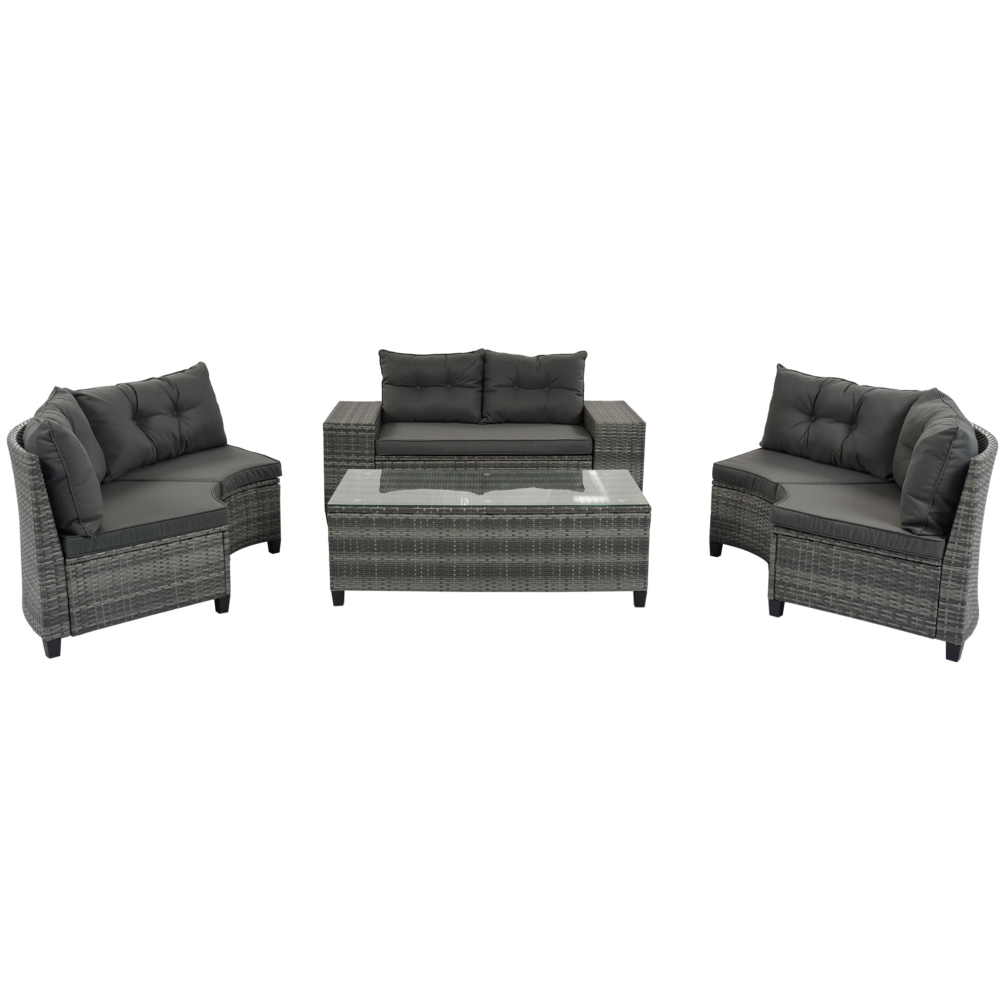 Weather-Resistant 8-Piece Curved Half-Moon Outdoor Wicker Sectional Sofa Set with Rectangular Coffee Table and 2 Side Tables, PE Rattan Cushions for Patio Garden Deck, Gray