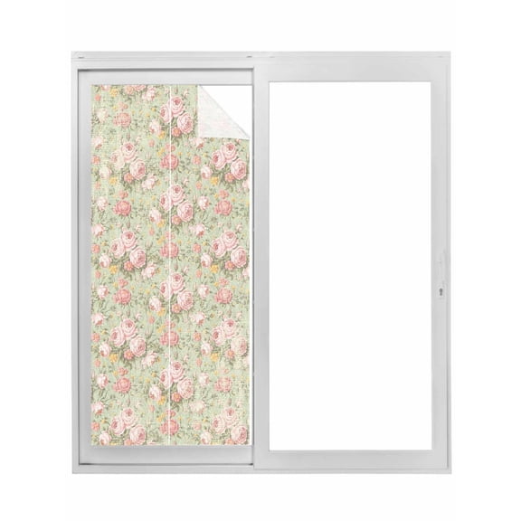 Pink Flowers Window Privacy Film, Green Country Botanical Floral Leaves Static Cling UV Sun Blocking Tint Film Heat Control Windows Films for Bedroom Bathroom, Window Stickers 17.7"x39.3"