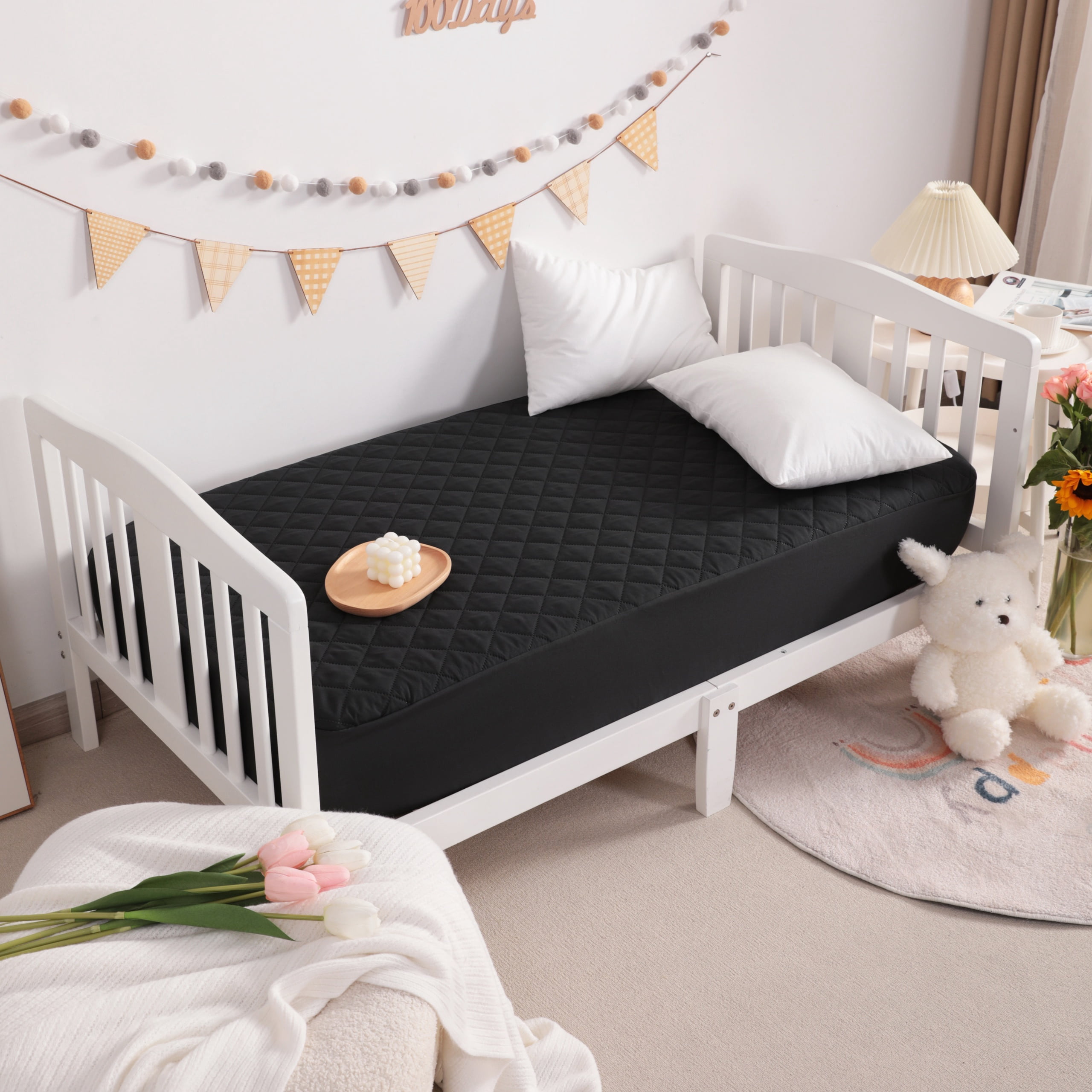 Super Soft and Quilted Toddler Waterproof Fitted Sheets Set of 2, Machine Washable Crib Mattress Protectors with Deep Pocket, Toddler-Mini, 24 x 38 Inches, Black