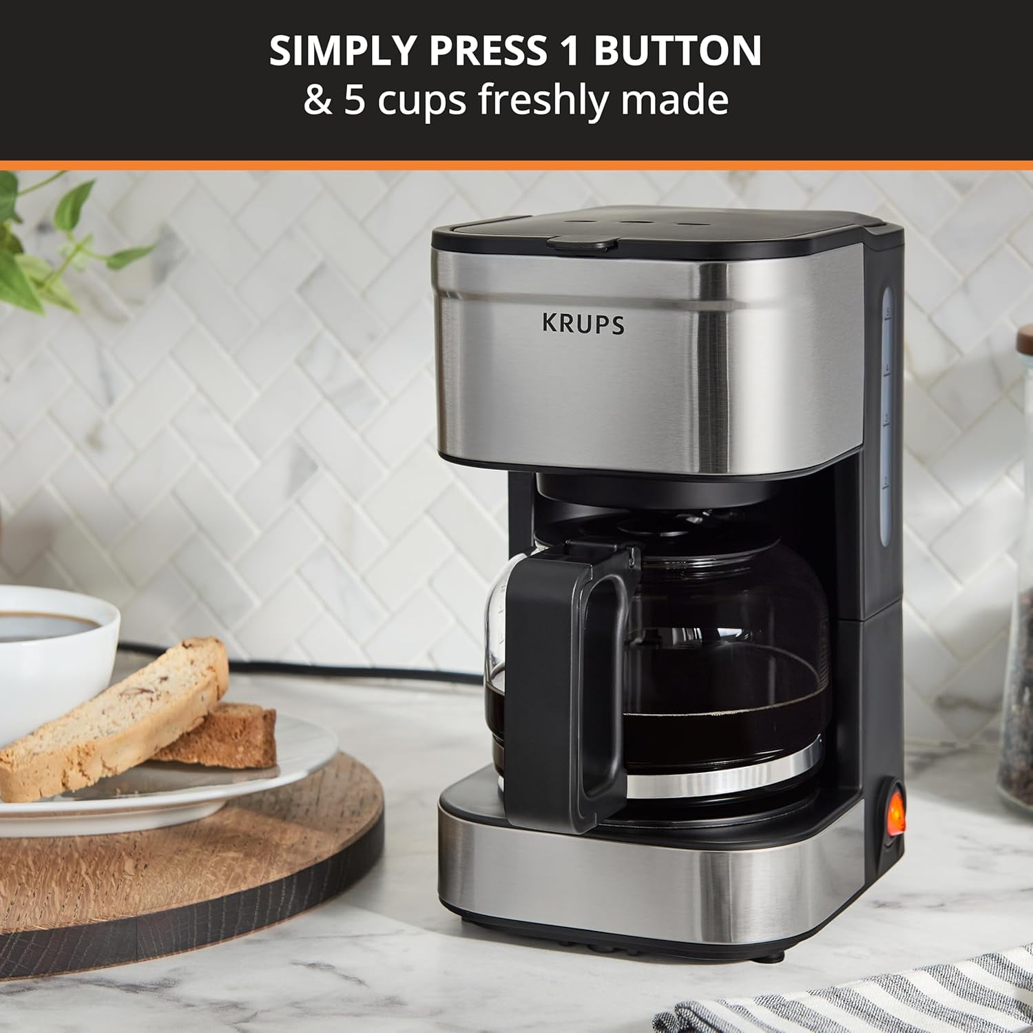 Simply Brew Compact 5 Cup Coffee Maker: Stainless Steel Design, Pause & Brew, Keep Warm, Reusable Filter, Drip-Free Carafe