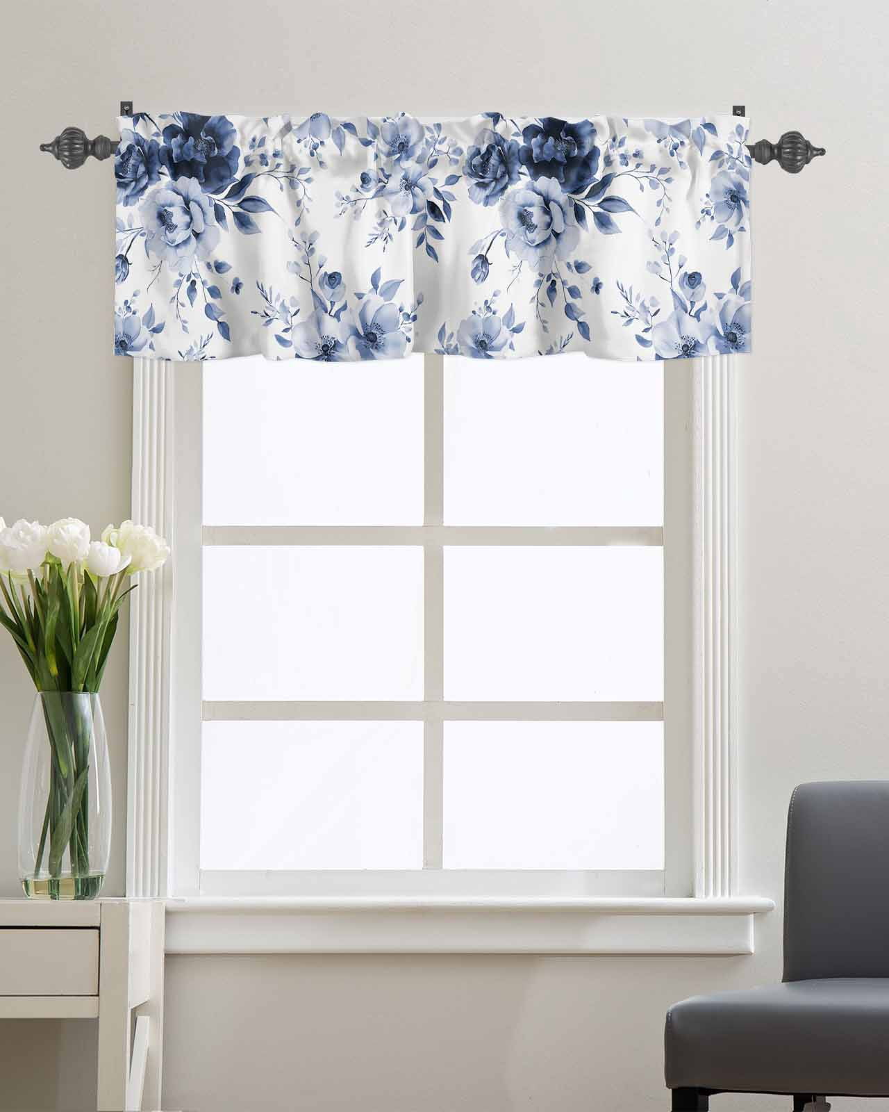 Booming Blue Gradient Floral Curtain Valances for Kitchen Windows,Rod Pocket Short Valance Watercolor Flowers on White Window Treatment for Living Room Bathroom Bedroom,54" x 18"-1 Panel