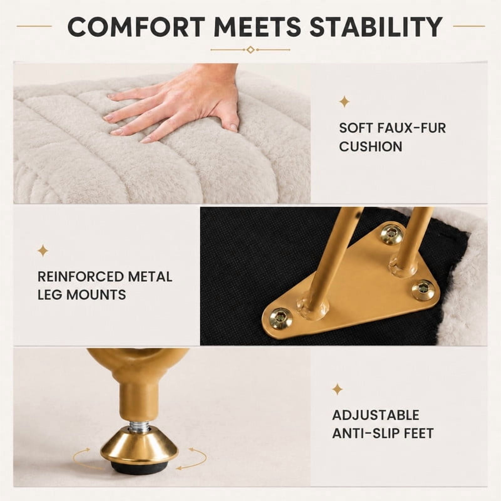 BEAUTYPEAK Vanity Stool with Storage Faux Fur Padded Makeup Ottoman with Gold Metal Legs and Adjustable Feet 18.9" Footstool, Camel