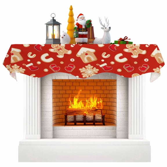 Christmas Red Fireplace Mantle Scarf, Gingerbread Merry Xmas Snowflakes Holiday Mantel Cover Table Runner for Home Living Room Door Window, Indoor Outdoor Holiday Party Decor 17" x 70"