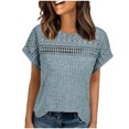 thumbnail image 3 of Juslio Women Openwork Short Sleeve Shirts Crew Neck Comfortable Loose Light Blue Patchwork Lace Tops, 3 of 9