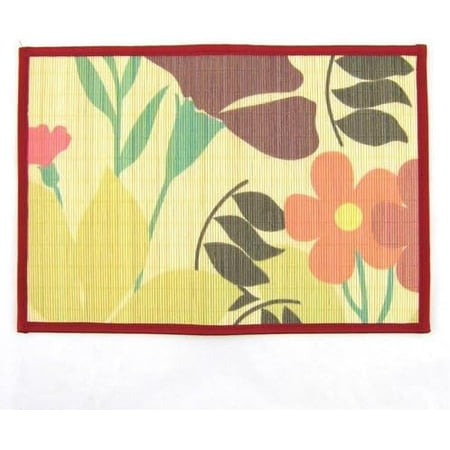 

BambooMN Brand - Bamboo Slats Placemat with Matching Coaster - Floral Print Red Border - 12 x 17.5 - Tropical Flower 4 pcs