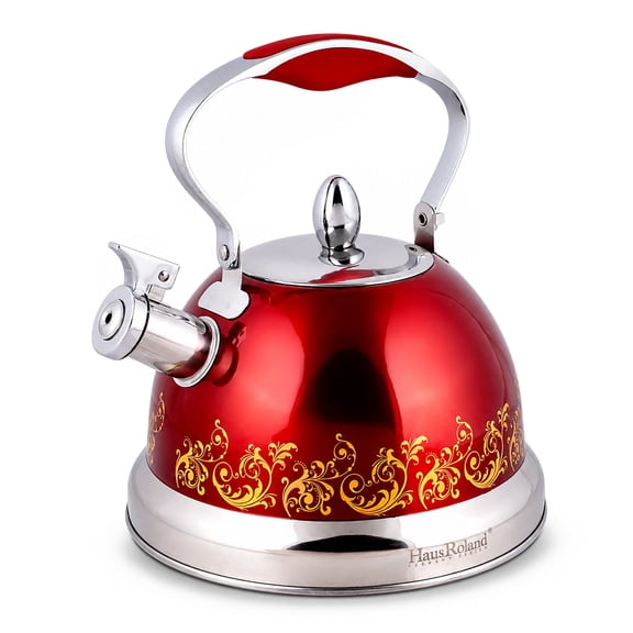 HausRoland Stainless Steel Whistling Kettle 3.7 Qt (3.5 L) Stovetop Kettle with Ergonomic Handle Tea Kettle for Stove Top, Red