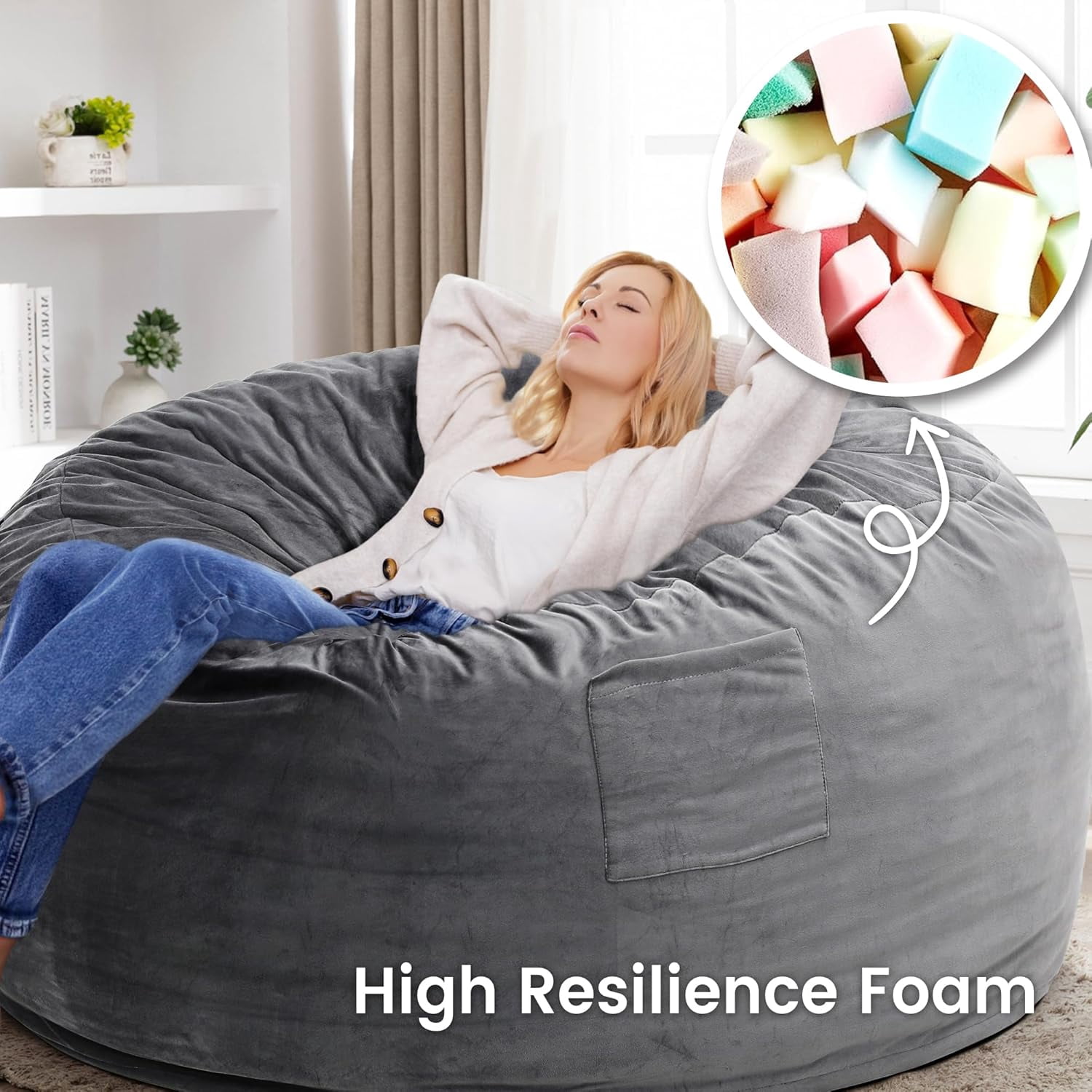 4 FT Bean Bag Chair for Adults, Teens, or Kids, Adult Size Beanbag Chair, Luxurious Memory Foam Filling, Washable Velvet Cover, Perfect for Living Room, Den, Bedroom, or Dorm, Light Grey