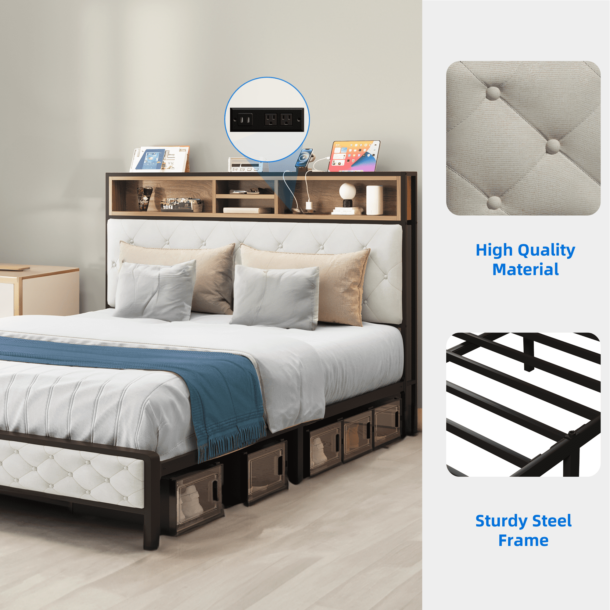 Uforic Beige Queen Bed Frame with Charging Station, Upholstered Storage Headboard & Footboard, Metal Slats Support, No Box Spring Needed