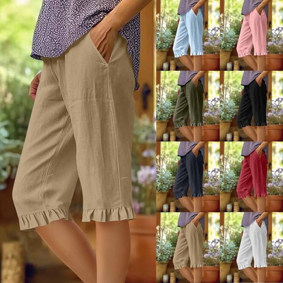 Ahuyic Womens Shorts,Plus Size Pants for Women,Womens Summer And Linen Solid Color Loose Straight Tube With Pocket Hem Lace,Light Blue,XXL
