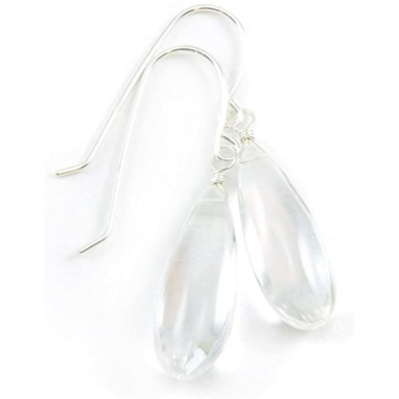 Sterling Silver Crystal Clear Quartz Earrings Smooth Long Puffed Teardrop Simple Drops Designed for Adult Women