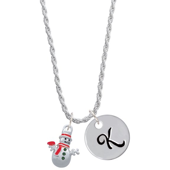 Delight Jewelry Silvertone Snowman with Red Scarf Silvertone Script Initial Disc - K - Charm Necklace, 20"+3"