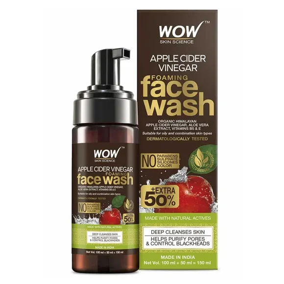 Wow Skin Science Apple Cider Vinegar Foaming Face Wash - Natural Ingredients, No Parabens, Sulfates, or Silicones - Gentle & Effective Cleansing for All Skin Types - 150ml
