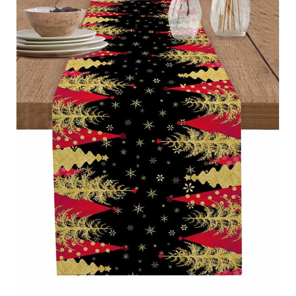 Red Christmas Tree Table Runner 90 Inches, Gold Winter Snowflakes Xmas Vintage Bed Runner Dresser Scarves Tabletop for Indoor Outdoor Parties/Ceremony/Banquet, 13" x 90"