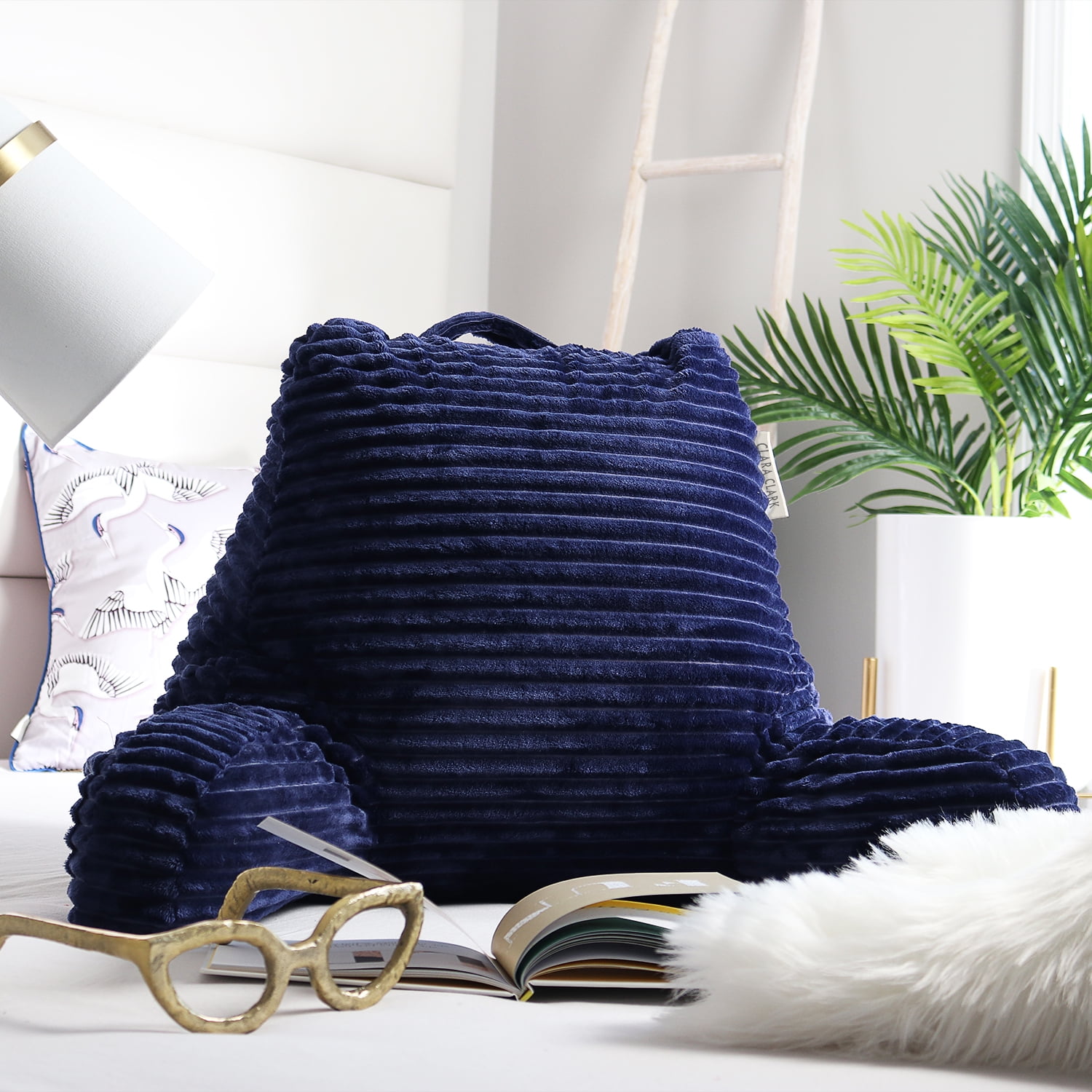 Clara Clark Backrest Reading Pillow, Back Support Pillow with Arms, Shredded Memory Foam Bed Rest Pillow, Medium, Navy Blue