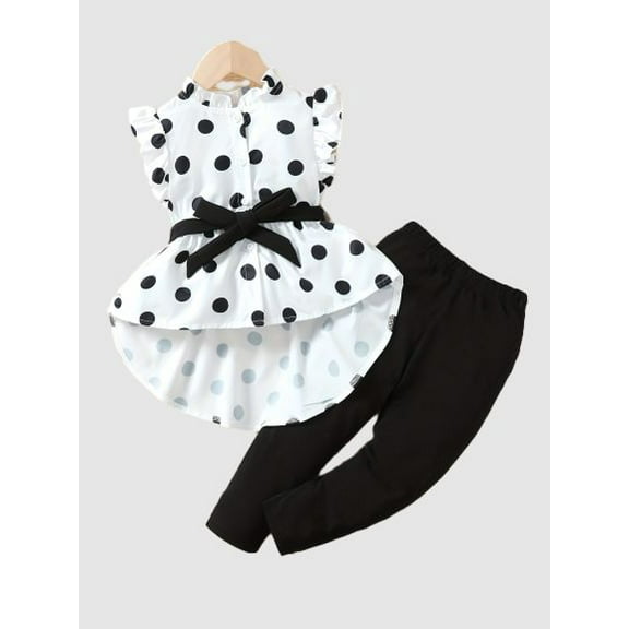 2pcs Toddler Kid Girl Polka Dot Printed Ruffle Sleeve Belted Shirt And Tight Casual Pants For Spring/Summer