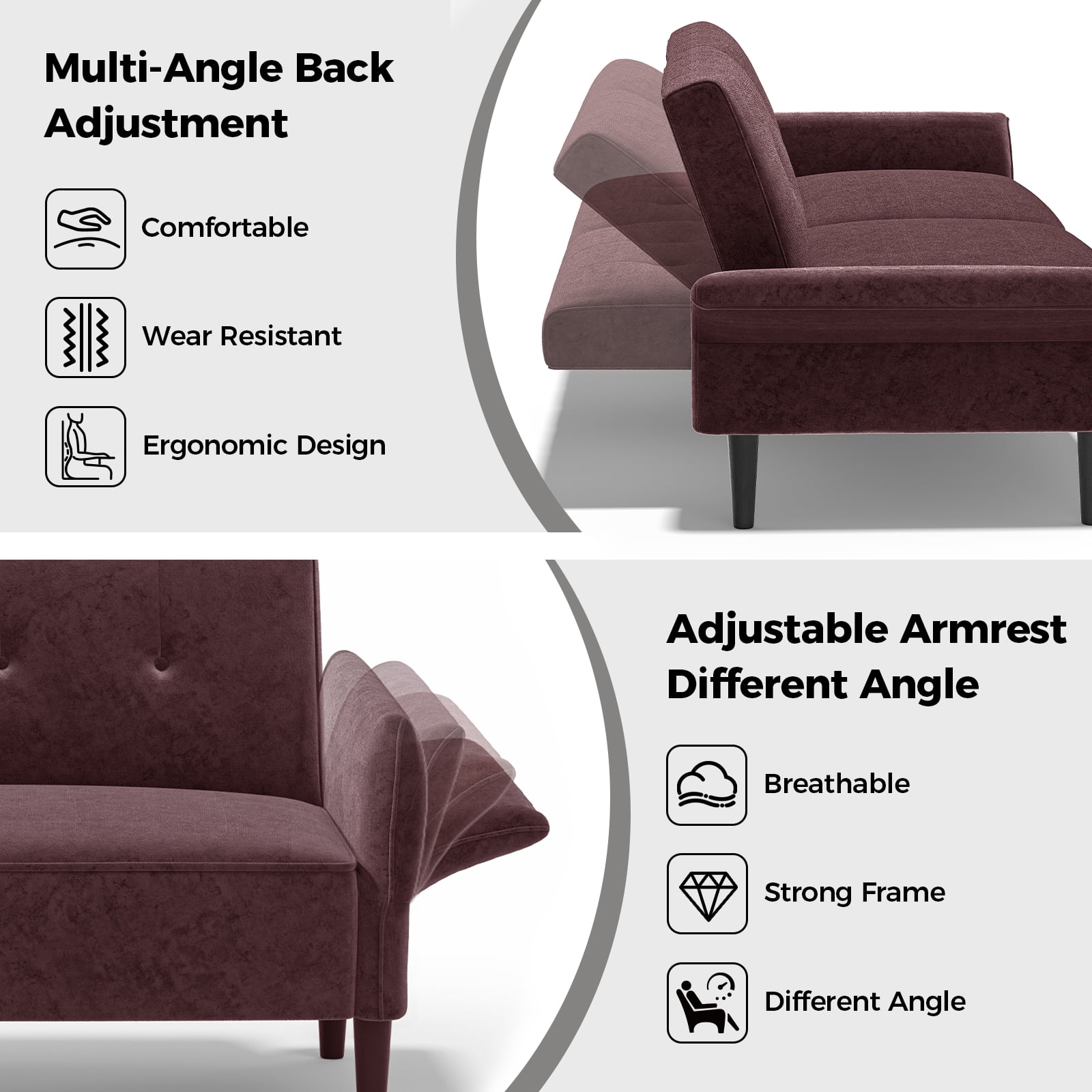 COPIAE 89” Futon Sofa Bed with 2 Square Pillows, Convertible Sleeper Sofa with Adjustable Backrest& Armrests, Modern Loveseat Sleeper for Living Room