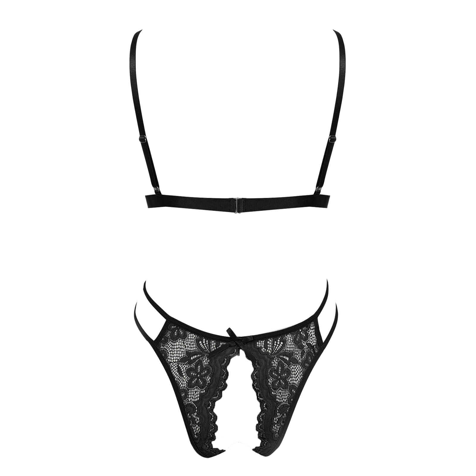 Pimfylm Pinsy Shapewear Bodysuit Lace Women's 3 Piece Ring Linked Triangle  Bras and Thongs Lingerie Set Black XX-Large 